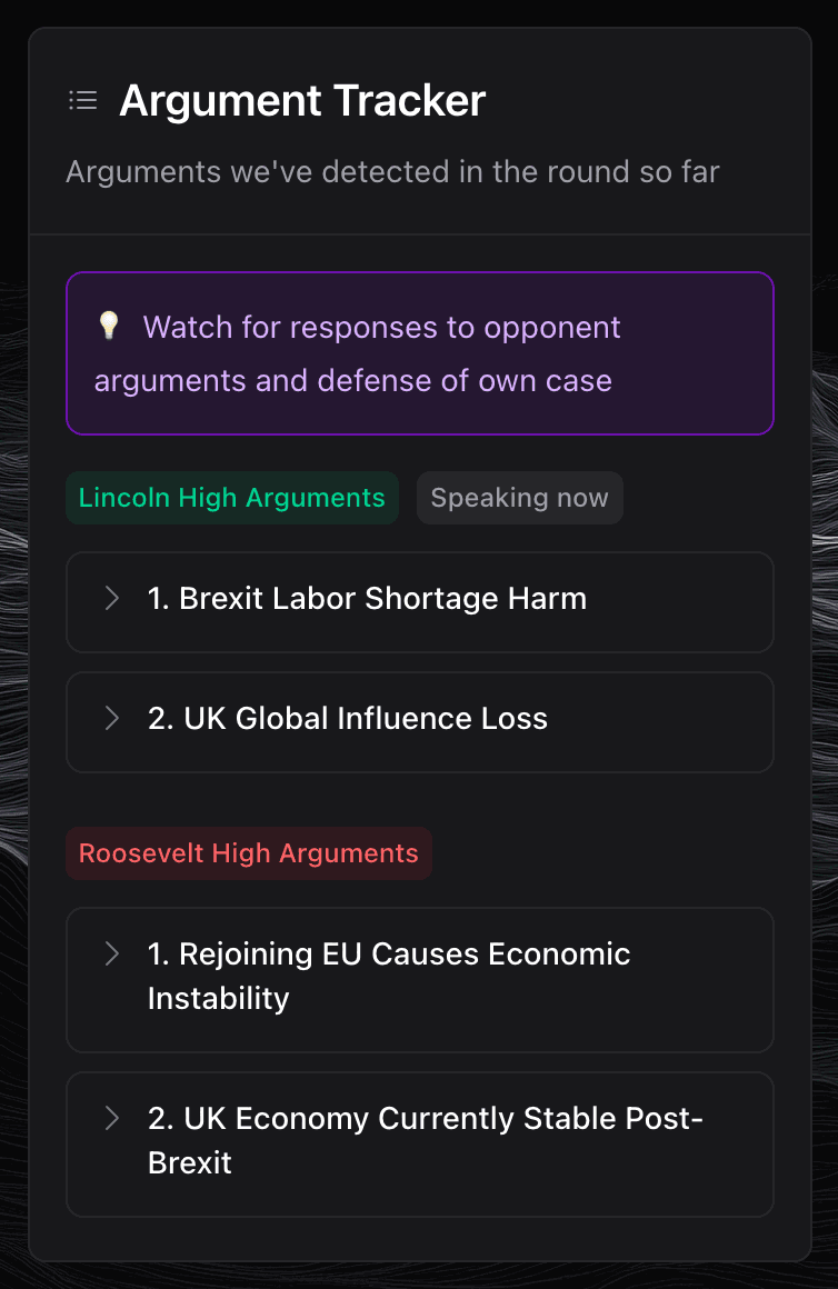 The Argument Tracker, with each team's points listed and the speaking team badged