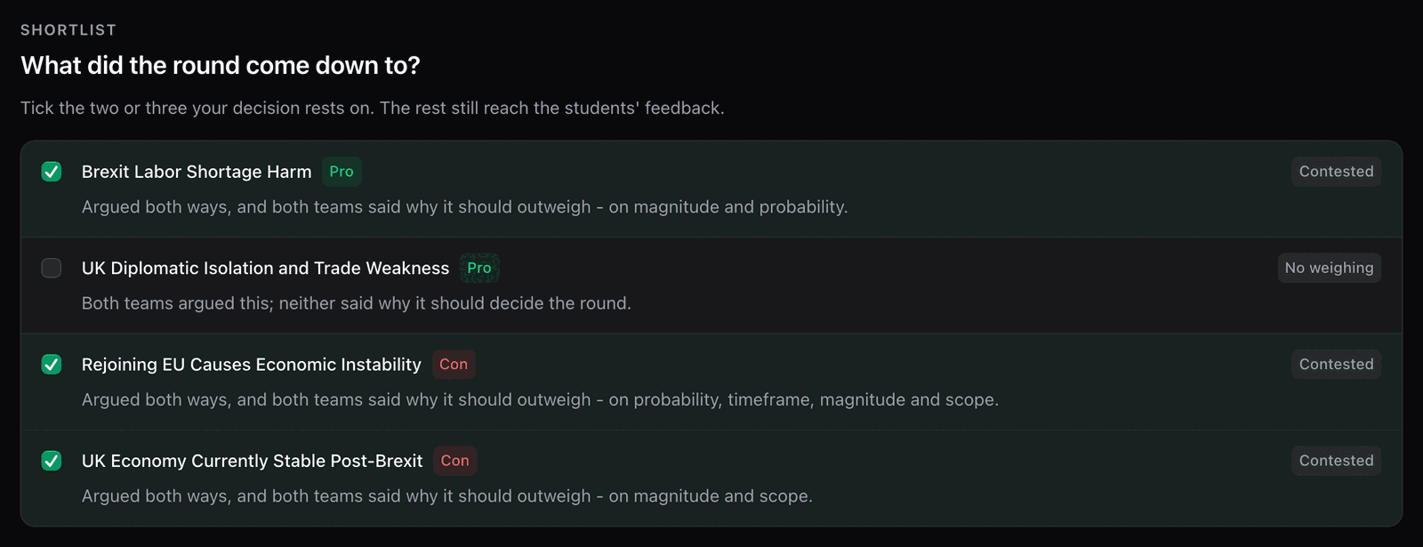 The shortlist step, with four arguments and three of them ticked
