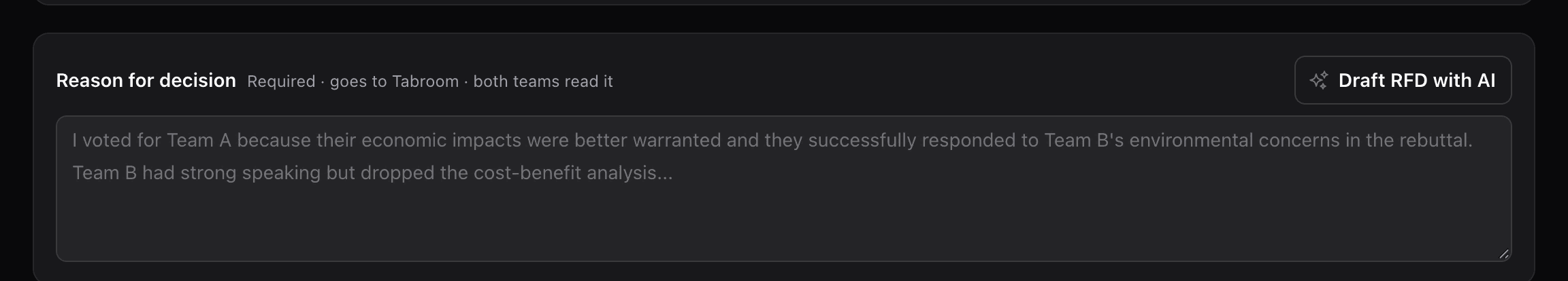 The Reason for decision box and the Draft RFD with AI button