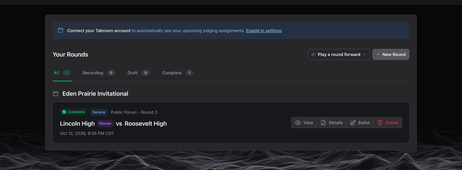 The dashboard of a new account: the Tabroom banner, Your Rounds, and the sample round