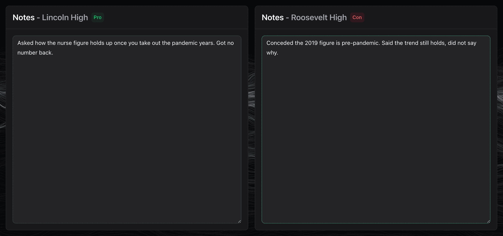 The two crossfire notes boxes, one for each team, side by side