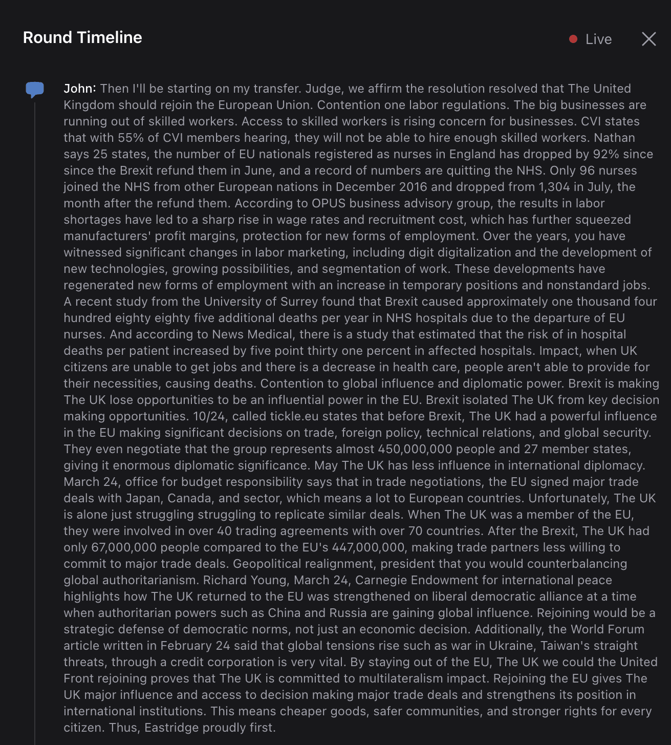 The Round Timeline panel, with the transcript of the speech that just finished