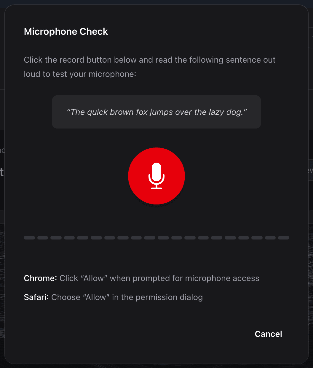 The Microphone Check dialog, with the sentence to read and the record button