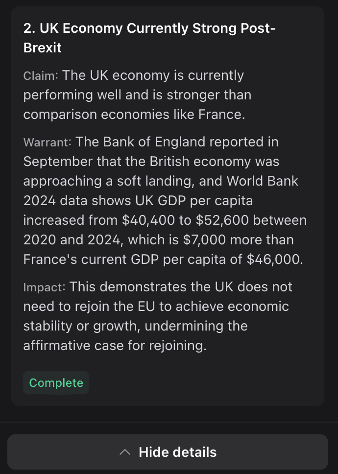 One point opened out: its claim, the reason behind it, why it matters, and a Complete label